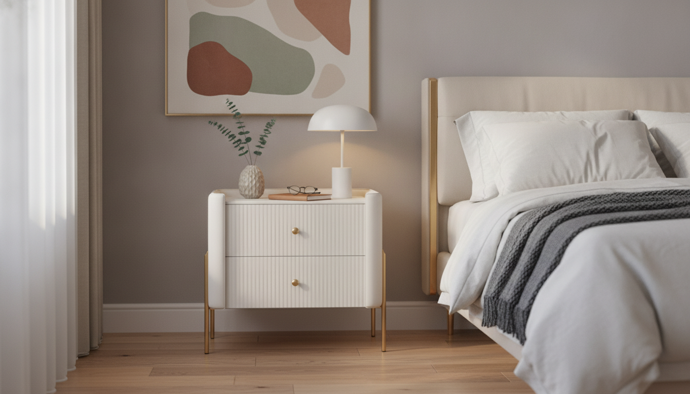 Leather & Solid Wood Minimalist Nightstand with Storage