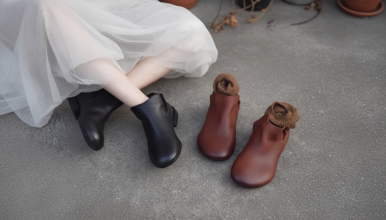 Mixed-Color Genuine Leather Low-Heel Ankle Boots