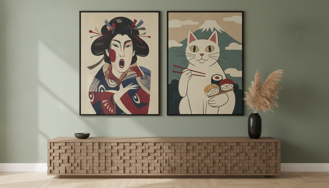 Japanese Woman & Cat Abstract Canvas for Calm Rooms